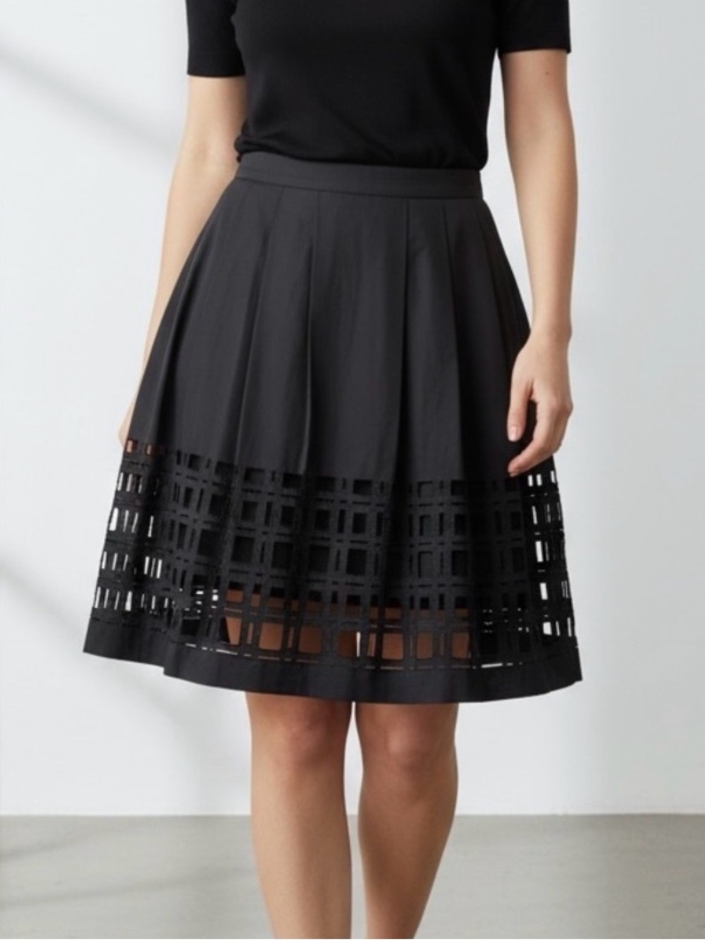 NWT Club Monaco A-line Midi Skirt Laser Cut Geometric Pattern - Black